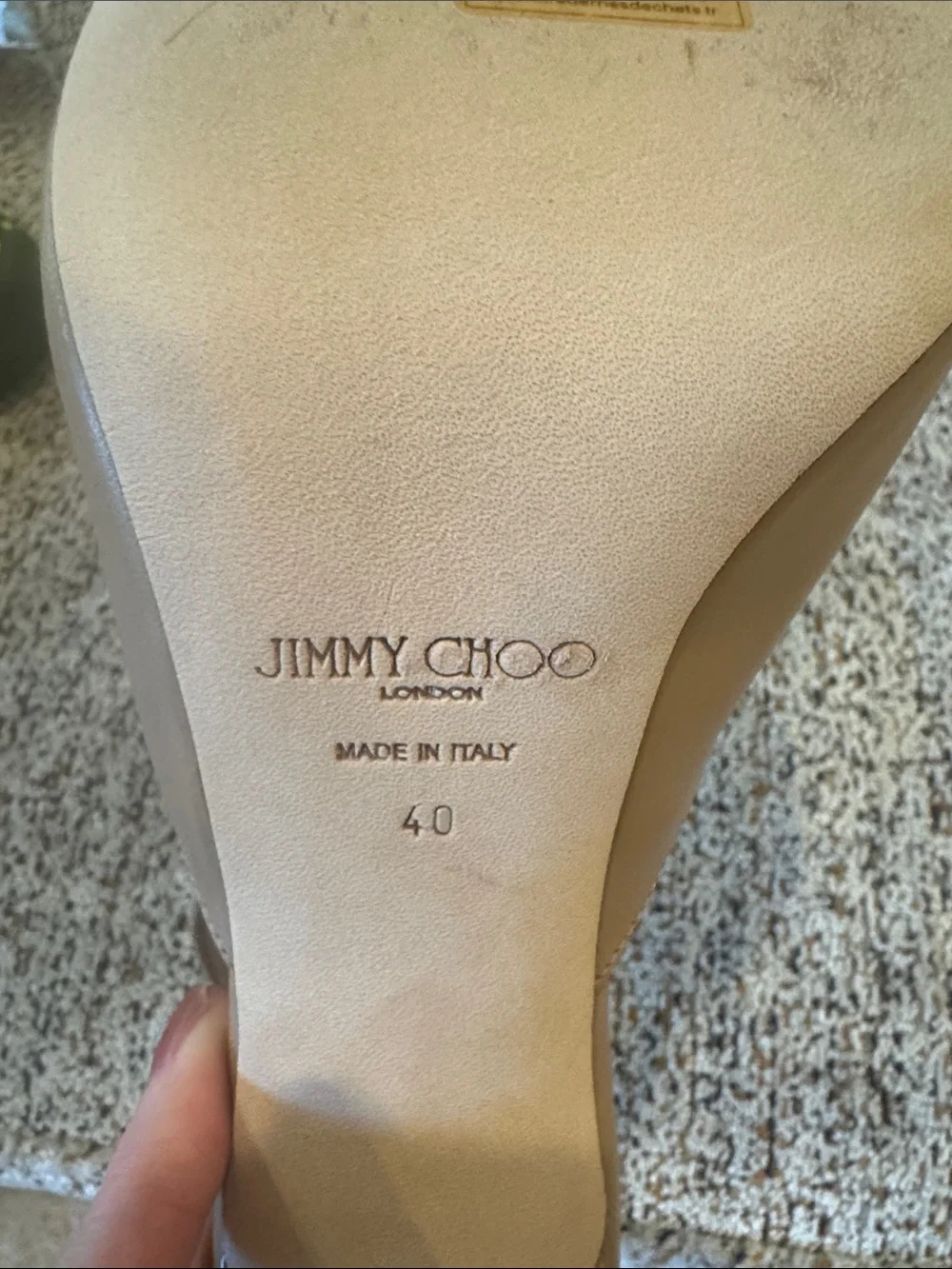 Jimmy Choo Tan Leather Open-Toe Slingback Heels with Gold Accent - Picture 5 of 6